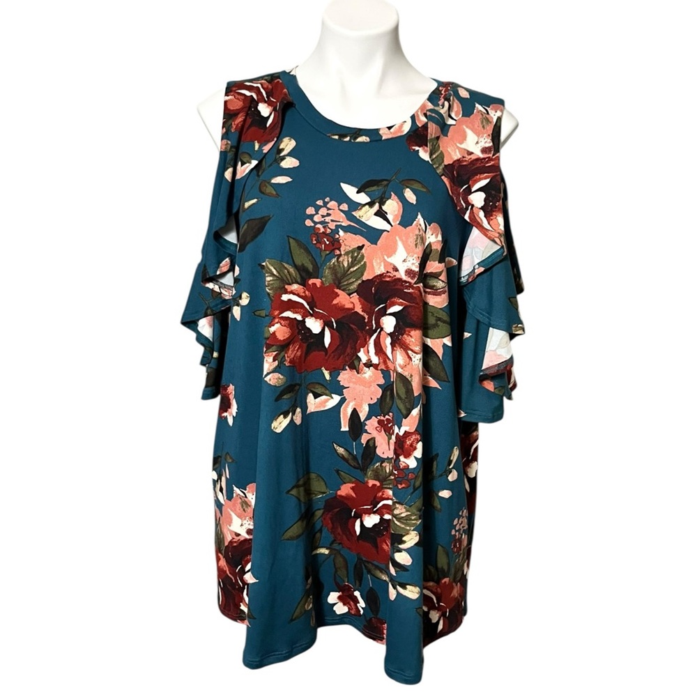 Sweet Pea Floral Cold Shoulder Tunic Top Size X Large Teal